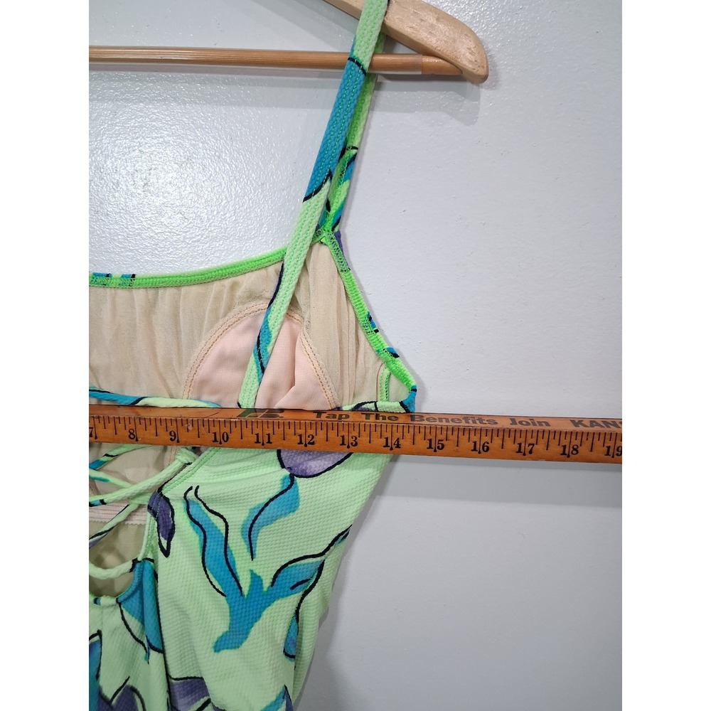 Vintage La Blanca Floral Lace Up One Piece Swimsuit Lime Green Blue Purple Sz 12 - Picture 5 of 8